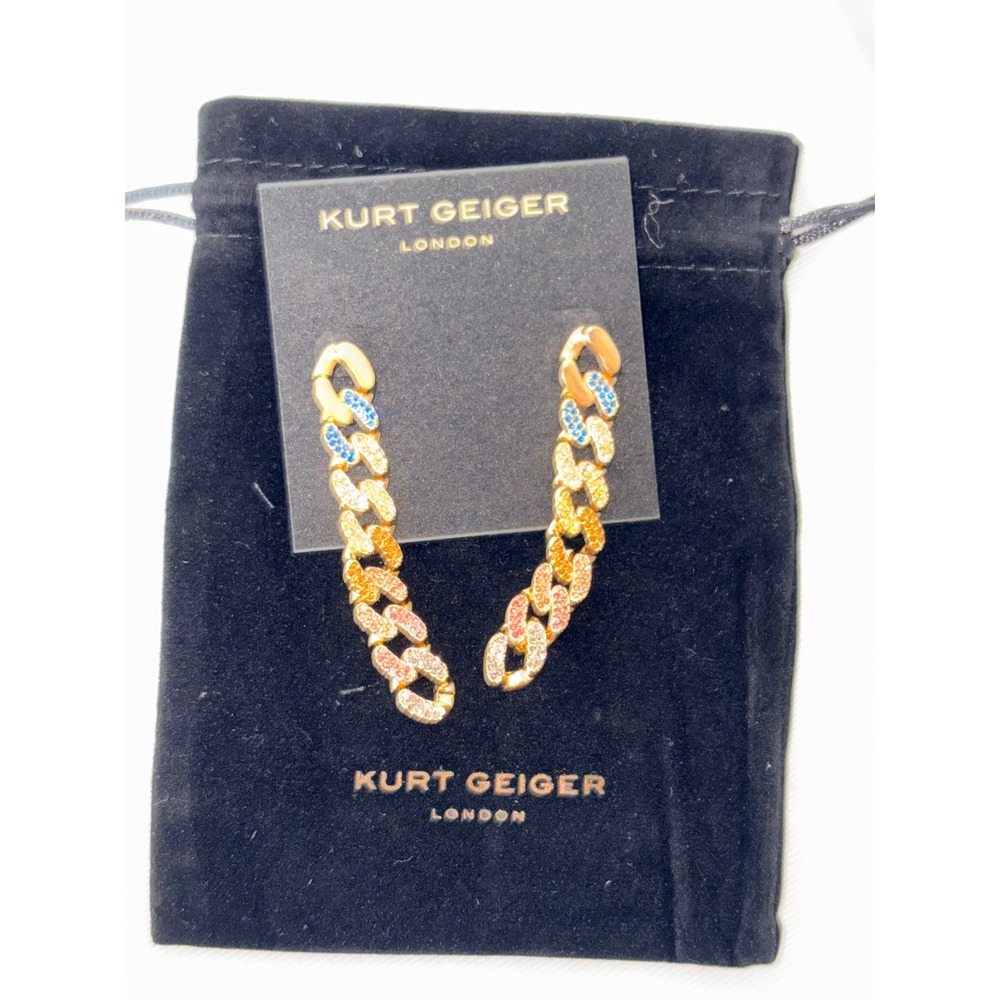 Kurt Geiger London Rainbow Crystal Gold Curb Chain Drop Earrings new pierced ear